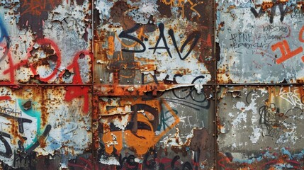 The peeling layers of graffiti on a rusted metal wall revealing snippets of past messages and artistic expressions.