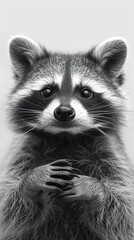 Obraz premium A curious raccoon, its masked face curious and alert, set against the simplicity of white.