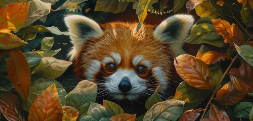 The endearing sight of a red panda munching on bamboo shoots amidst lush forest foliage.