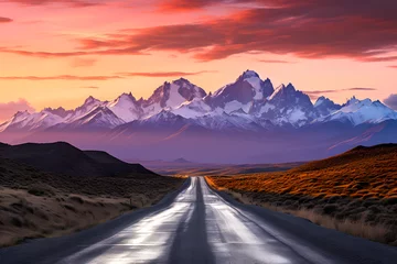 Zelfklevend Fotobehang road outside the city against the backdrop of a mountain landscape at sunset © photosaint