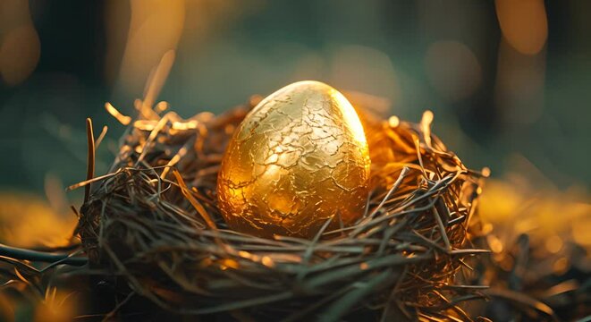 A nest egg that cracks open to reveal a golden egg, showing the fruits of patient investing.