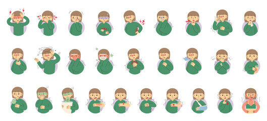 Fototapeta premium Symptoms, Ailments and Injuries Collection 8 cute on a white background, vector illustration.