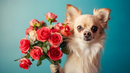 dog with red flower