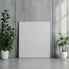 Blank Canvas on Wall With Two Potted Plants