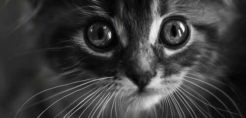 A playful kitten's curious eyes peering into the camera lens, exuding pure mischief and charm.  - obrazy, fototapety, plakaty