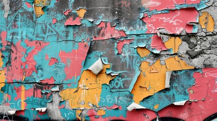 An abstract closeup of a decaying mural on the side of a building its paint peeling to reveal the layers of adver and graffiti underneath.
