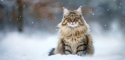 The graceful silhouette of a Siberian cat prowling through a winter wonderland, leaving soft paw...