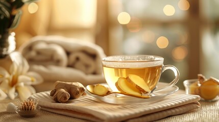Warm ginger tea awaits, served gently in a clear glass on the table. The warmth that emanates guarantees comfort and relaxation. It invites you to savor each sip and relax your senses. - obrazy, fototapety, plakaty