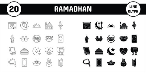 Ramadhan Line Glyph Vector Illustration Icon Sticker Set Design Materials