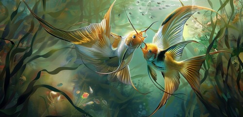 A pair of angelfish engaged in a graceful courtship dance, surrounded by swaying seaweed. 