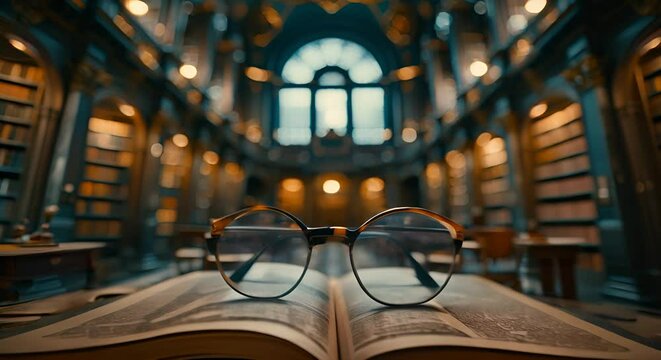 Librarian's glasses and book in a grand, old library