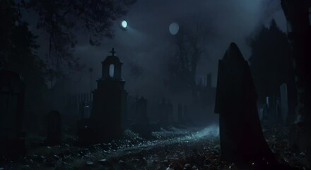 A misty graveyard at night, an ethereal figure hovering above the ground - Powered by Adobe