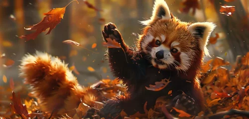 Zelfklevend Fotobehang The endearing sight of a red panda munching on bamboo shoots amidst lush forest foliage. © Muhammad