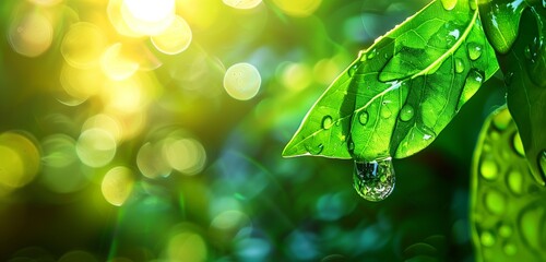A raindrop delicately clinging to the edge of a vibrant green leaf, refracting sunlight beautifully. - obrazy, fototapety, plakaty