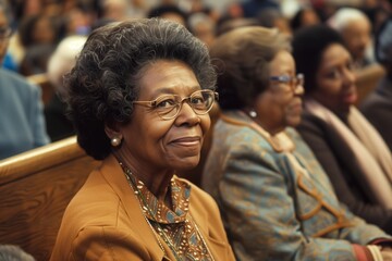 Old photo of an elderly black woman sitting at a church - obrazy, fototapety, plakaty