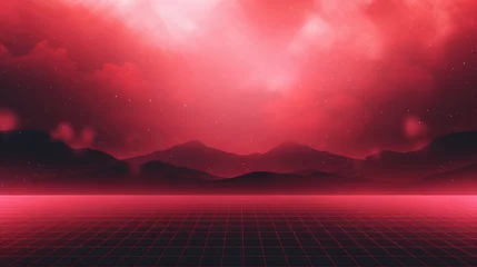 Deurstickers Red grid floor line on glow neon night red background with glow red sun, Synthwave cyberspace background, concert poster, rollerwave, technological design, shaped canvas, smokey cloud wave background. © ribelco