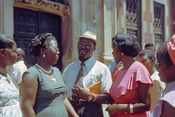 Old photo of people talking outside a church on Sunday