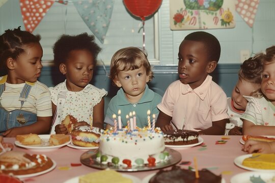 Old vintage photo of kids having a birthday party at home