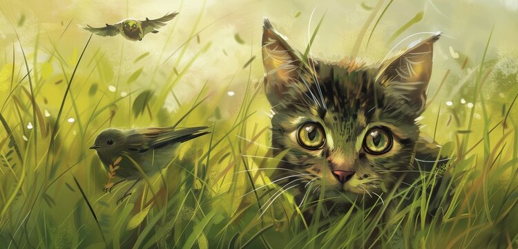 A stealthy cat crouched low in the grass, eyes fixed intently on a fluttering bird. 