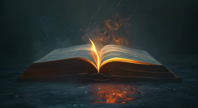 Open book with glowing pages in a dark room, symbolizing knowledge and enlightenment
