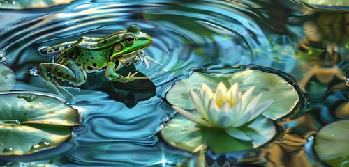 Deurstickers A vibrant green frog perched on a lily pad amidst shimmering pond ripples. © Muhammad