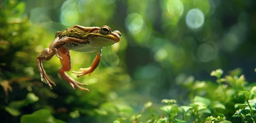 Foto op Canvas A vibrant green frog perched on a lily pad amidst shimmering pond ripples. © Muhammad