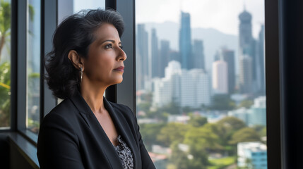 mature optimistic Indian businesswoman woman female executive CEO in corporate modern office thinking contemplating and looking out window skyscraper cityscape daytime - obrazy, fototapety, plakaty