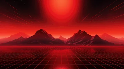 Schilderijen op glas Red grid floor line on glow neon night red background with glow red sun, Synthwave cyberspace background, concert poster, rollerwave, technological design, shaped canvas, smokey cloud wave background. © ribelco