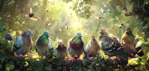 Pigeons gathered in a lush garden, their iridescent feathers catching sunlight as they peck seeds.  - obrazy, fototapety, plakaty