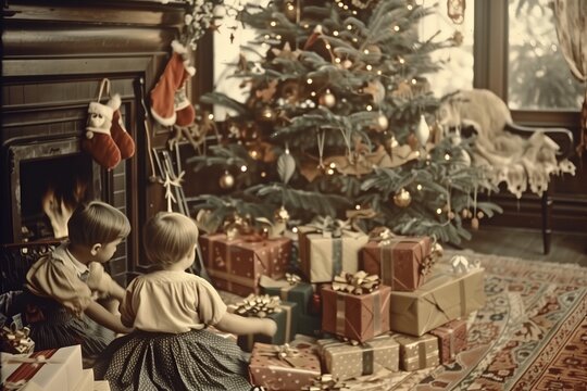 Old vintage photo of children at Christmas tree at home