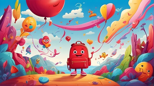 "Imagine a whimsical depiction of a red school bag with a backpack design, adorned with a quirky emoji drawing. The bag is illustrated in a colorful, cartoonish style, with exaggerated proportions and