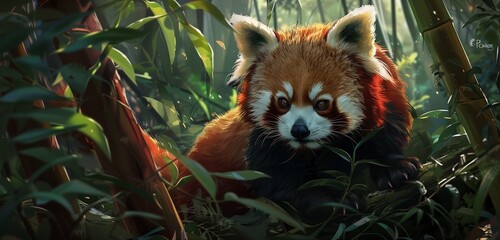 A red panda perched on a tree branch, its fluffy tail curled around for balance.