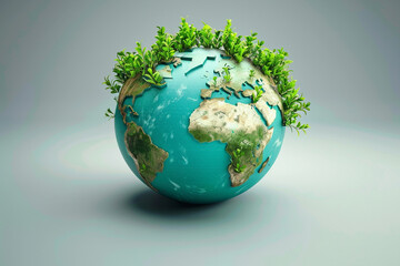 Intricate detailed 3D render of vibrant foliage covering a realistic earth globe with photorealistic textures.