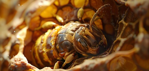A close-up of a honey bee pupa's translucent shell, revealing the developing bee within. 