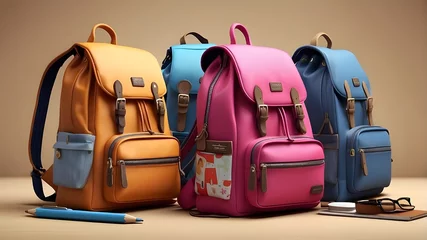 Fotobehang "A school bag is depicted in a photorealistic style, showcasing its design and features with meticulous detail. The bag's material, texture, and stitching are rendered realistically, giving it an auth © Waqasiii_Arts 