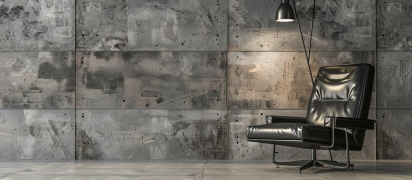 Mock up photo of a loft interior featuring a grey block wall, a black leather chair, and a vintage lamp providing the light source. The background image includes space for text.