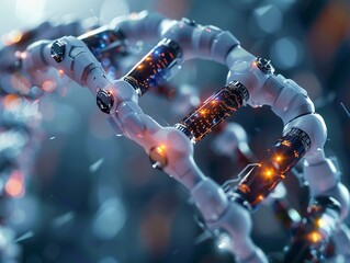 Genomics intertwined with quantum mechanics, robotics arms sequencing DNA close-up,ultra HD