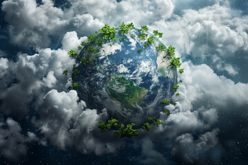 The planet Earth, nestled in a bed of clouds, with sprouting green trees dotting its surface, creating an image of hope and renewal - obrazy, fototapety, plakaty