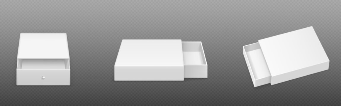 White empty open slide box with ribbon puller. Realistic vector illustration set of drawer shape cardboard package template for gift or presentation concept. Blank carton container with sleeve cover.