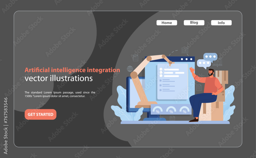 Poster artificial intelligence integration. man interacting with ai and data analytics in a retail setting.