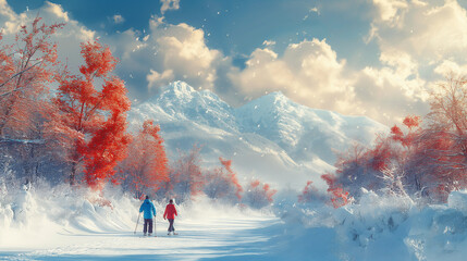 Man skiing in winter with his girlfriend.
