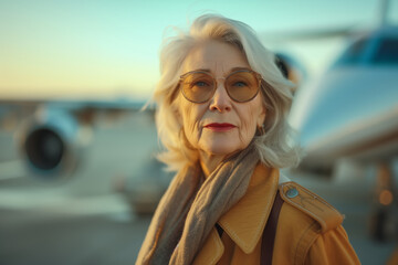 Stylish elderly woman in a yellow coat stands in front of an airplane, businesswoman business...
