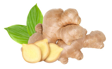 Close-up, Fresh ginger rhizome and sliced with green leaves isolated, transparent PNG, PNG format,...