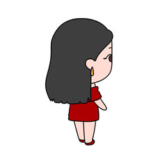 A cartoon girl in a red dress is standing in front of a white background. She has a smile on her face and is wearing earrings