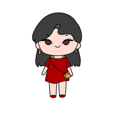 A cartoon girl in a red dress is holding a purse. She has a smile on her face
