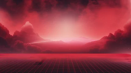 Fotobehang Red grid floor line on glow neon night red background with glow red sun, Synthwave cyberspace background, concert poster, rollerwave, technological design, shaped canvas, smokey cloud wave background. © ribelco