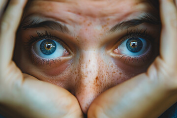 A woman with blue eyes is looking at the camera with a surprised expression. Concept of curiosity and wonder, as if the woman is trying to understand something or is about to reveal a secret - obrazy, fototapety, plakaty