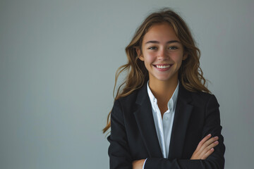 A young woman in a black suit and white shirt is smiling for the camera. She has her arms crossed...
