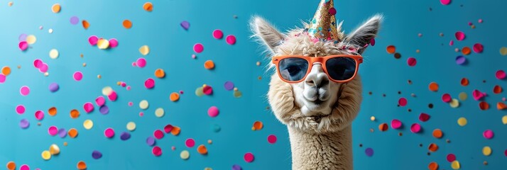 Alpaca with a blue back, sporting a party hat and sunglasses. Generative Ai - obrazy, fototapety, plakaty