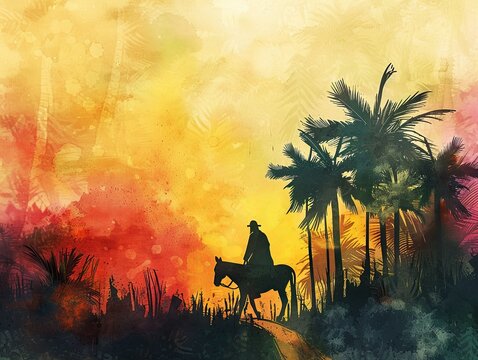 Watercolor drawing on a biblical theme. Jesus Christ on a donkey among palm trees.
